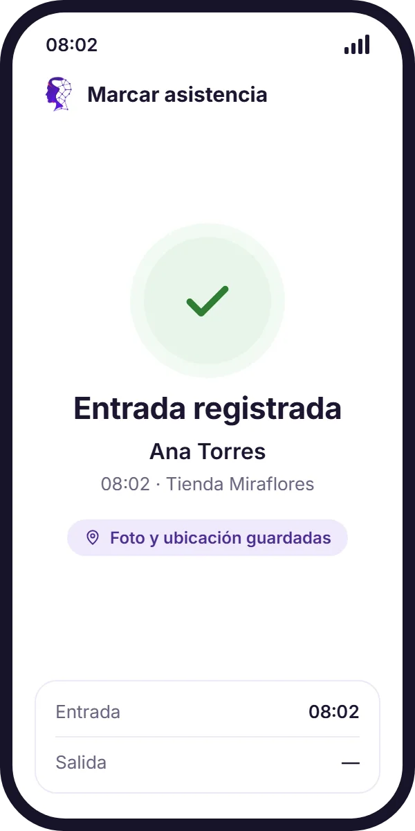 Celular con la marcación de entrada registrada, con foto y ubicación guardadas