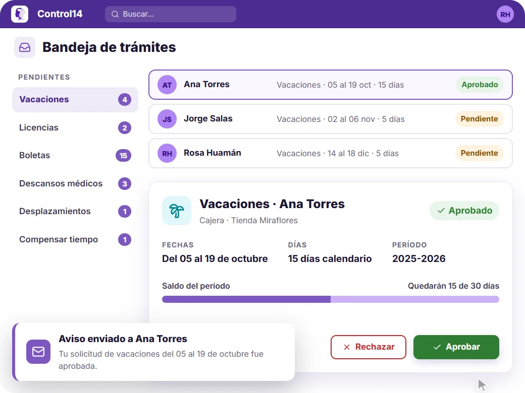 Bandeja de trámites de Control14: solicitudes de vacaciones, licencias, boletas y descansos médicos con su estado de aprobación