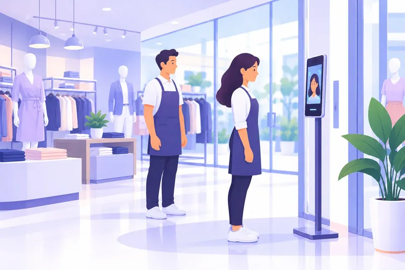Ilustración de personal de una tienda marcando su asistencia en un kiosko facial en la entrada del local