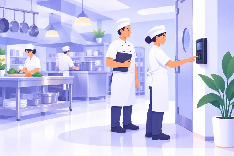 Ilustración de cocineros de un restaurante marcando su asistencia en un reloj biométrico de huella junto a la puerta de cocina