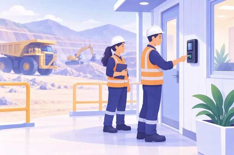 Ilustración de trabajadores con casco y chaleco en el ingreso de una obra minera marcando su asistencia en un reloj biométrico de huella