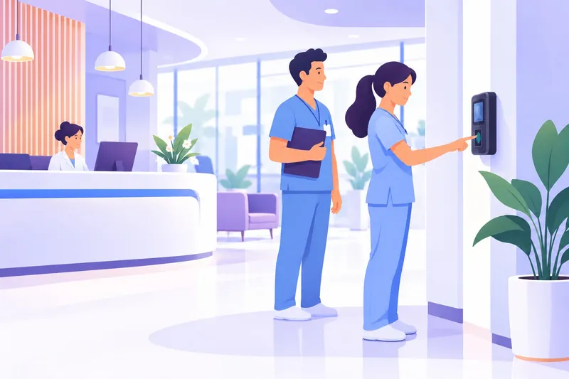 Ilustración de personal de un centro médico marcando su asistencia en un reloj biométrico de huella junto a la recepción